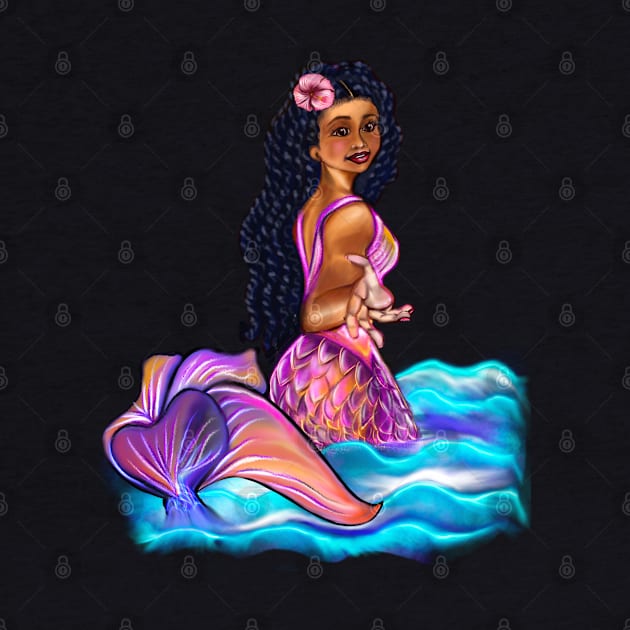 Mermaid  with rainbow coloured colored fins, hibiscus, outstretched  arm, brown eyes, Curly hair  and caramel brown skin - light background by Artonmytee